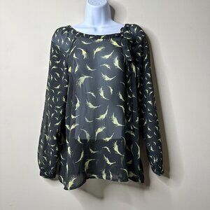 Ann Taylor LOFT Grey Feather Print Sheer Blouse Women's XS